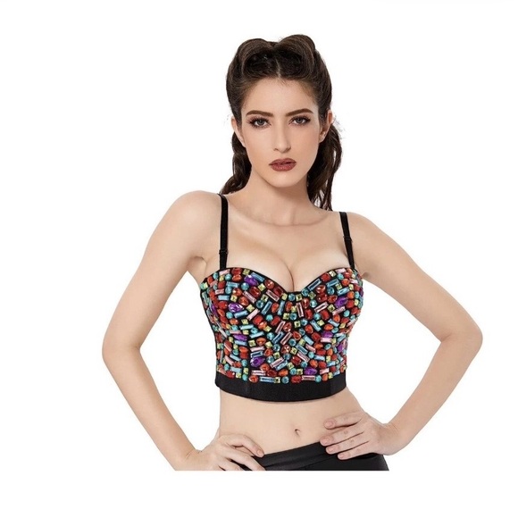 chairmain Tops - Gemstone Beaded Bustier Crop Top Corset Katy Perry  Festival Club wear size M